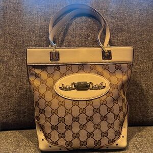 Gucci Beige GG Canvas Tote with Cream Leather Trim